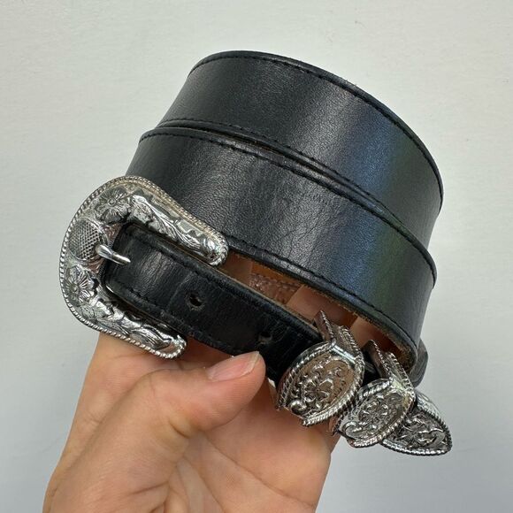 Nocona Vintage Black Leather Western Belt Silver Tone Hardware Buckle Size L - Picture 5 of 9